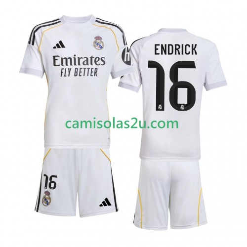 Camisolas de futebol Real Madrid Endrick 16 Criança Equipamento Principal 2025/26 Manga Curta Camisolas de futebol Real Madrid Endrick 16 Criança Equipamento Principal 2025/26 Manga Curta